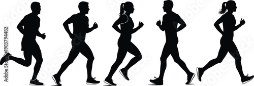 Black silhouette of men and women running side profile marathon athletes jogging on white background fitness vector group sports illustration.