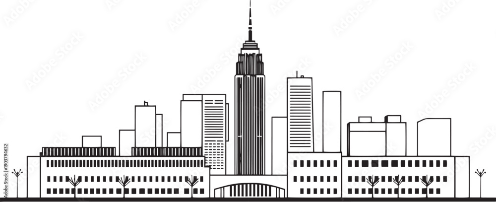 Obraz premium City landscape. Different buildings on street, outline cityscape hand sketch, flat houses. Hand drawn vector illustration