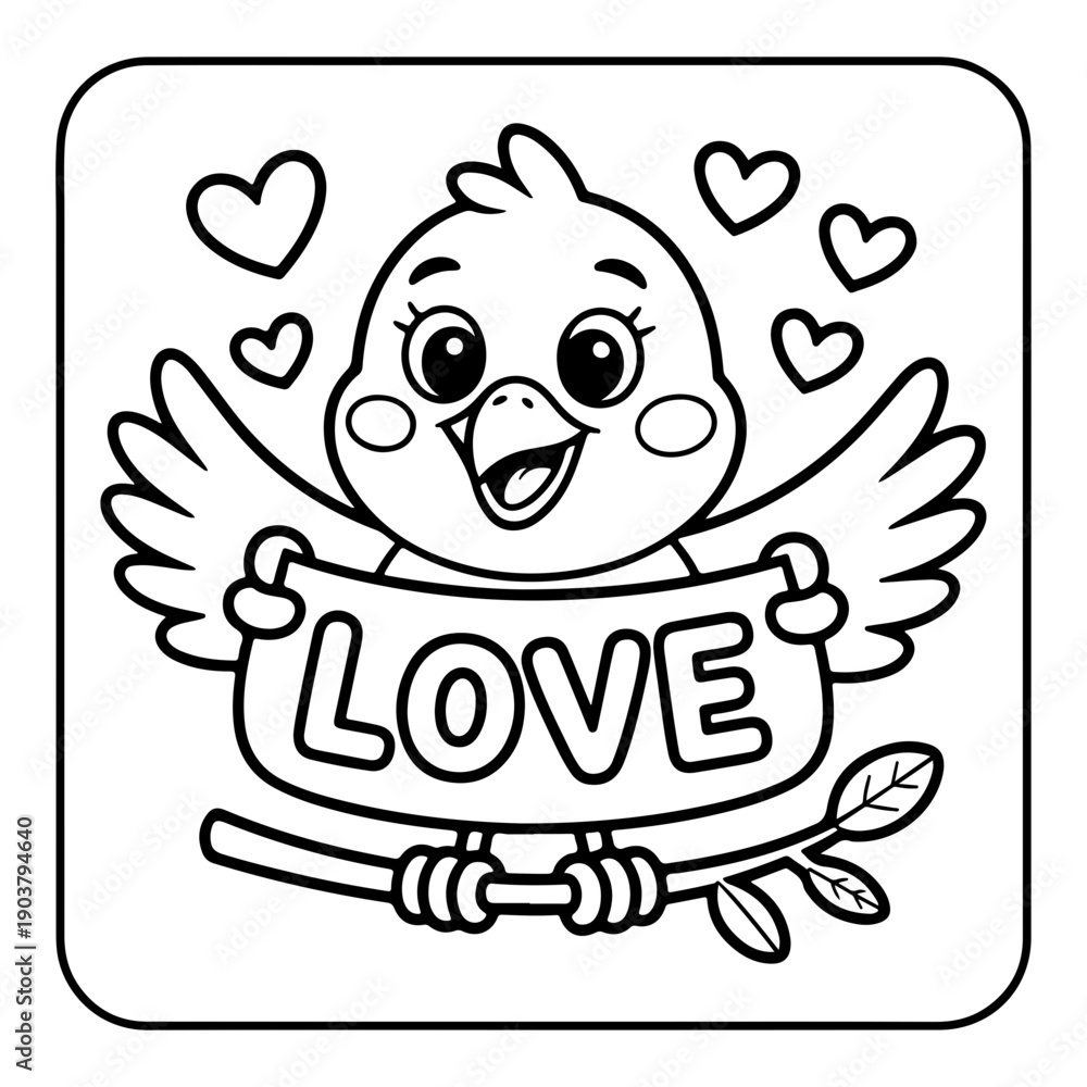 Fototapeta premium Cute cartoon dove holding love sign with hearts flying vector illustration flat design