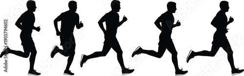 Black silhouette set of male runner athlete sprinting in sequence motion positions isolated on white background for fitness and sports design