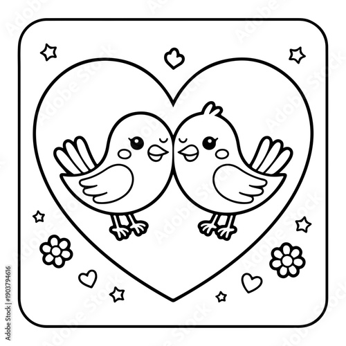 Two lovebirds holding hands in heart shape vector illustration, flat design love birds graphic