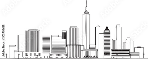 City landscape. Different buildings on street, outline cityscape hand sketch, flat houses. Hand drawn vector illustration