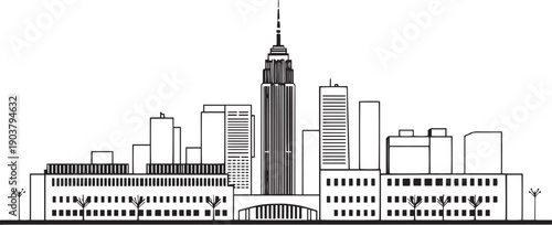 City landscape. Different buildings on street, outline cityscape hand sketch, flat houses. Hand drawn vector illustration