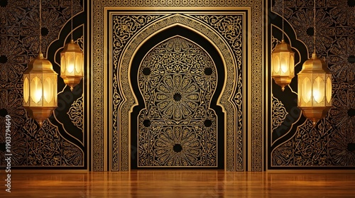 Ornate golden arabesque archway backdrop featuring traditional hanging illuminated brass lanterns creates an elegant, luxurious Ramadan atmosphere.