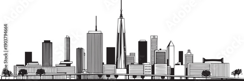 City landscape. Different buildings on street, outline cityscape hand sketch, flat houses. Hand drawn vector illustration