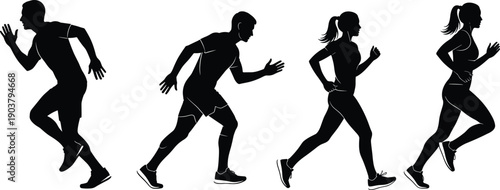 Black silhouette set of man and woman running and sprinting in motion positions isolated on white background for fitness design