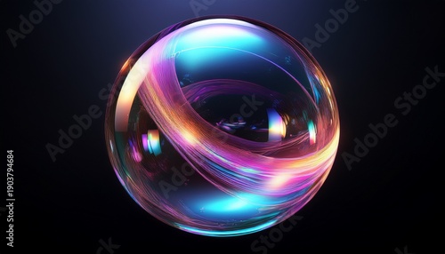 3d render transparent sphere glass bubble with holographic effect on darkk background ai generated