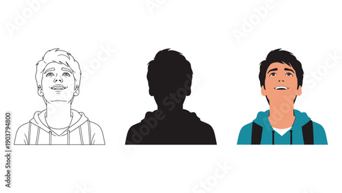 Set of three male portrait icons showing a young man looking up line art, silhouette and full color illustration