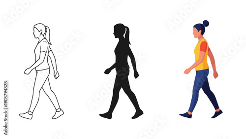 Set of three illustrations of a woman walking outline, silhouette and full color figure