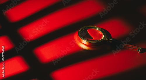 Search concept. Magnifying glass on red surface with shadow pattern creating dramatic and mysterious atmosphere