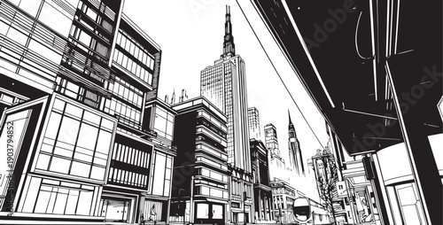 City landscape. Different buildings on street, outline cityscape hand sketch, flat houses. Hand drawn vector illustration