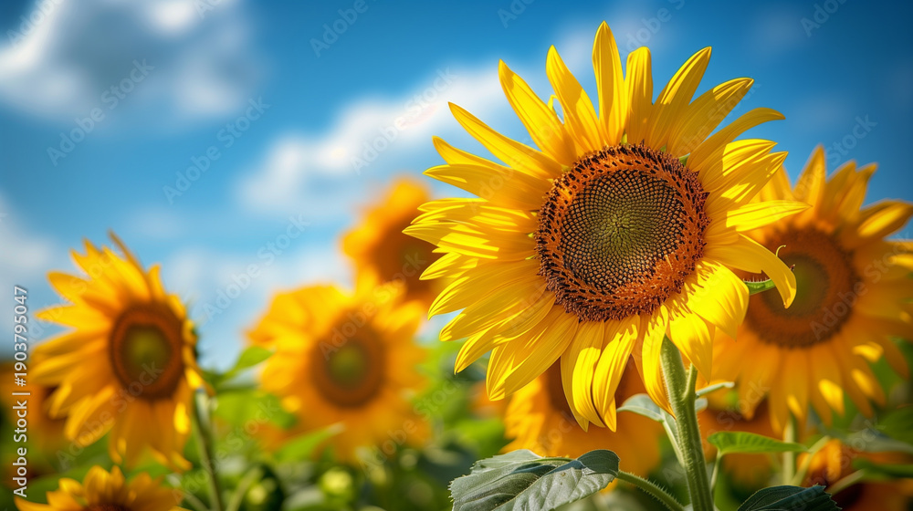 Fototapeta premium Sunflower field with cloudy blue sky. Sunflowers landscape