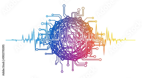 Vibrant digital data sphere with circuit lines and energetic sound waves symbolizing advanced