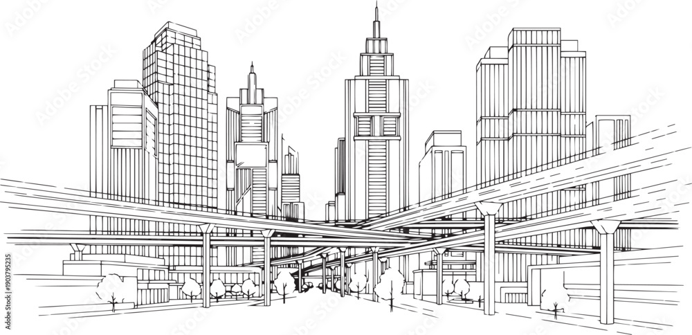 Obraz premium City landscape. Different buildings on street, outline cityscape hand sketch, flat houses. Hand drawn vector illustration