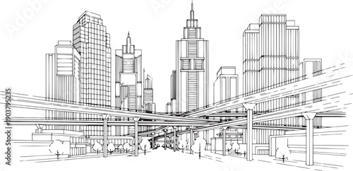 City landscape. Different buildings on street, outline cityscape hand sketch, flat houses. Hand drawn vector illustration