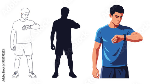 Man checking his smartwatch or fitness tracker while exercising or running, shown in three styles line art, silhouette and full color illustration