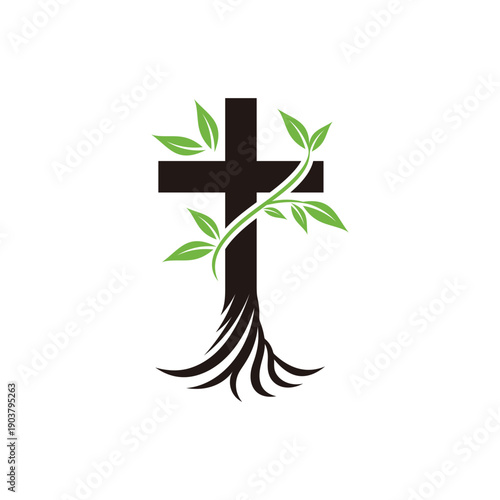 Nature wild vines plant flower with Christian cross crucifix for church logo design inspiration