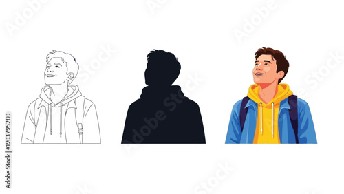 Young man looking up with backpack, showing line art, silhouette and full color illustration styles