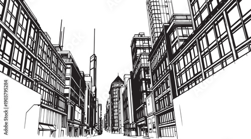 City landscape. Different buildings on street, outline cityscape hand sketch, flat houses. Hand drawn vector illustration