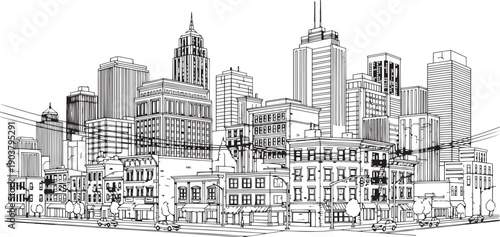 City landscape. Different buildings on street, outline cityscape hand sketch, flat houses. Hand drawn vector illustration