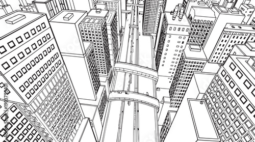 City landscape. Different buildings on street, outline cityscape hand sketch, flat houses. Hand drawn vector illustration