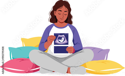 Pregnant woman sitting with pillows holding ultrasound scan image for maternity prenatal care and new motherhood concept vector