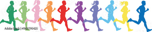 Colorful panoramic silhouettes of diverse people running a marathon together, representing unity, fitness, endurance, vibrant community, teamwork, and active healthy lifestyles.
