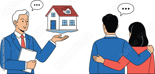 Real estate agent presenting house model to couple for property purchase home mortgage and residential investment flat vector