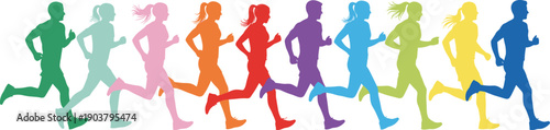 Colorful Silhouette of Diverse Runners in a Row Representing Marathon Fitness Community Inclusion Health Pride and Active Lifestyle Group Running Event