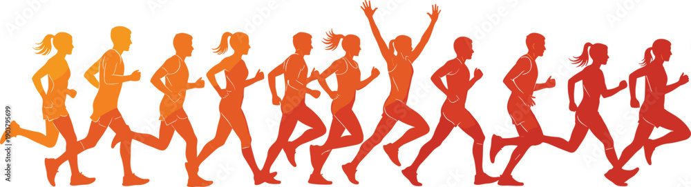 Fototapeta premium Colorful Silhouettes of Happy People Jumping and Celebrating Together, Vibrant Group Success, Joyful Achievement, Energetic Youth Teamwork, Freedom and Victory Concept