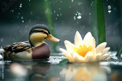 Mallard duck swimming near a water lily in a tranquil rain-soaked environment