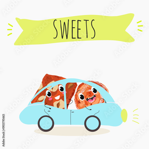 Funny Characters cezerye, carrot dessert, Turkish traditional food. Hand drawn vector illustration.