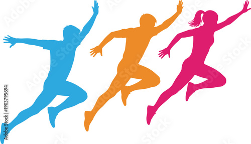 Colorful silhouettes of energetic people jumping and running forward, representing fitness, success, teamwork, athletic motion, achievement, and a healthy active lifestyle.