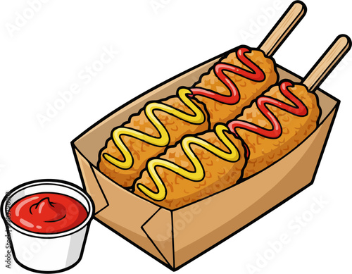 Corn Dogs with Ketchup and Mustard in Cardboard Tray, Fast Food Snack Cartoon Illustration