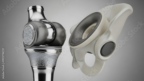 Hip Replacement Prosthesis Components on Gray Background.