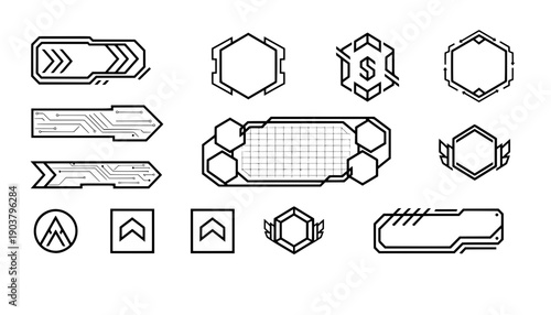 Set of black outline esports interface graphics featuring circuit banners, hexagon alerts and grid panels for gamer live stream overlay kit