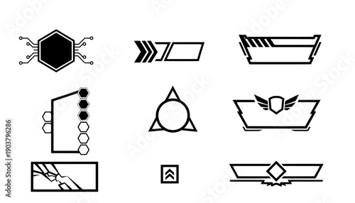 Set of black esports interface graphics featuring shield banners, winged icons and honeycomb frames for gamer live stream overlay design