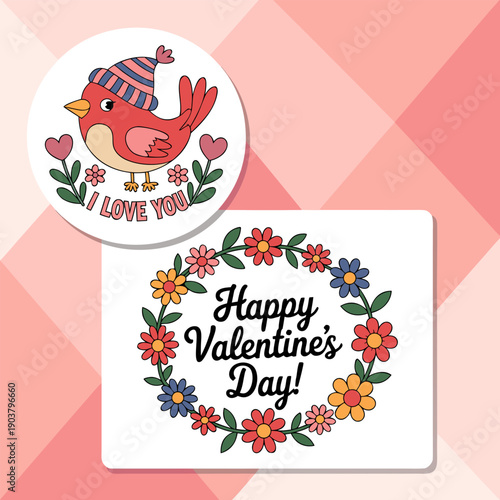 Romantic Valentines Day Card With Flowers And Bird