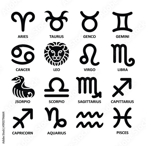 Zodiac symbols representing the twelve astrological signs in a grid format
