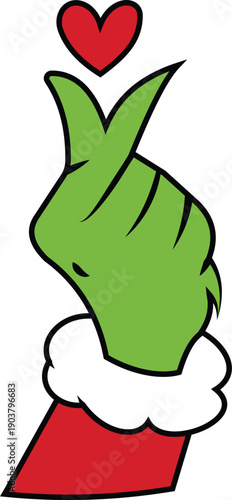 Green furry hand making a small heart sign with fingers in festive red sleeve