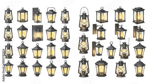 A collection of various vintage and antique-style lanterns, including traditional oil lamps and wall-mounted outdoor lights, all illuminated with a warm glow.