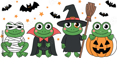 Halloween cartoon frogs set in spooky costumes, cute mummy vampire witch and pumpkin frog characters with bats, festive holiday vector illustration.