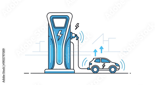 Modern electric vehicle charging station powering up a white car for sustainable urban travel