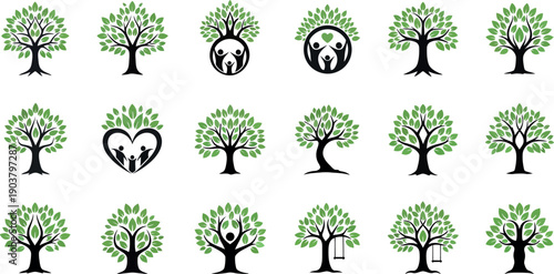 Green Tree Logo Vector Collection with Family, Heart, and Swing Concepts.