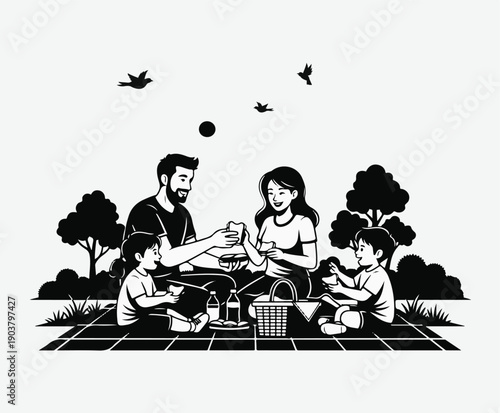 Black and white illustration of family picnic in park with bard sky