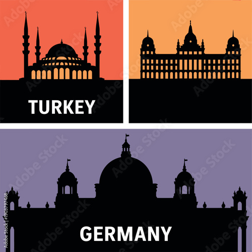 Title:
World landmarks silhouette set with Turkey and Germany, mosque and Reichstag Berlin building silhouettes on colorful background, vector country travel icons.
