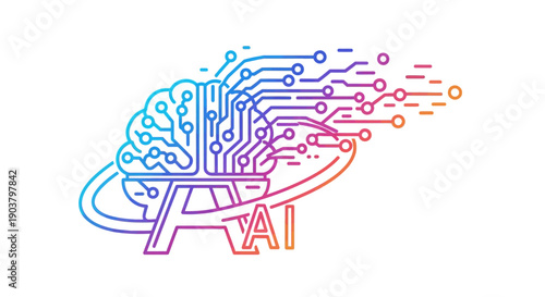 Gradient outline illustration of a human brain transforming into an AI circuit board technology
