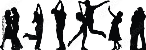 Diverse silhouettes of couples and individuals in dynamic romantic poses and celebratory gestures against a stark white background