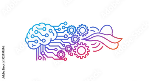 Conceptual illustration of artificial intelligence brain processing with gears and sound output