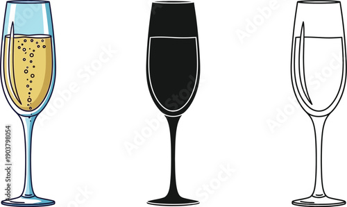 A champagne flute containing sparkling wine is displayed in three artistic styles: color illustration, solid black silhouette,.